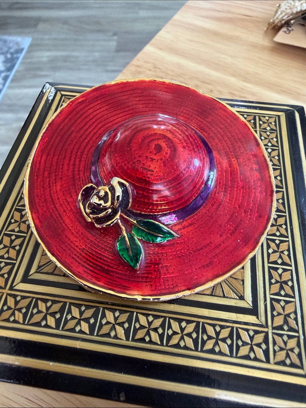 Red Enamel Red Hat society Wide-Brim Hat Brooch with Green Leaf Accent